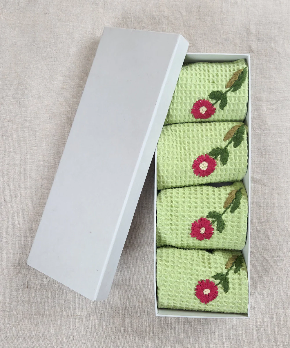 Embroidered 4 pcs Face and 2 pcs Hand Towel Set | Cotton Waffle | Sage Green