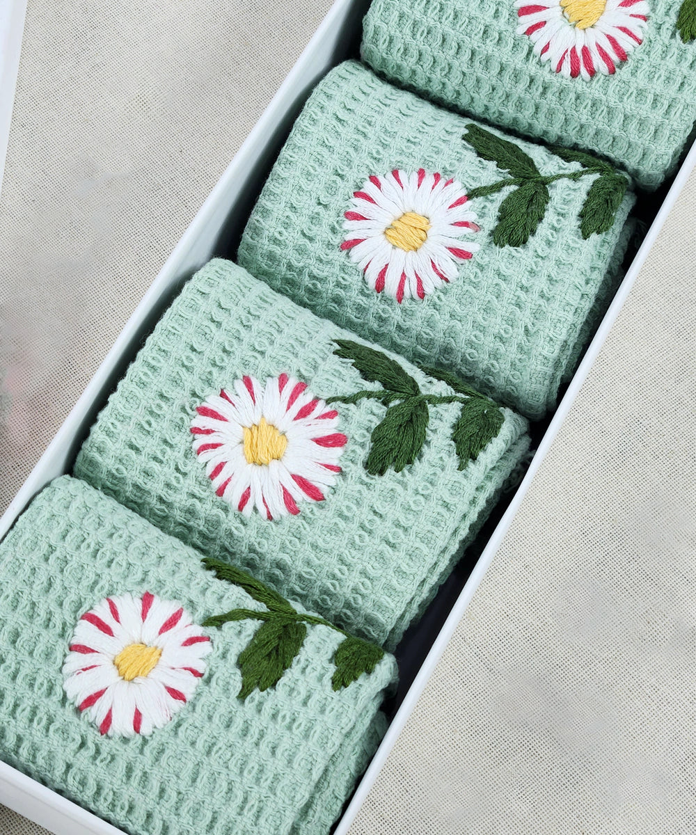 Embroidered Face Towel - Set of 4 pcs in Soft Cotton Waffle | Light Sage Green