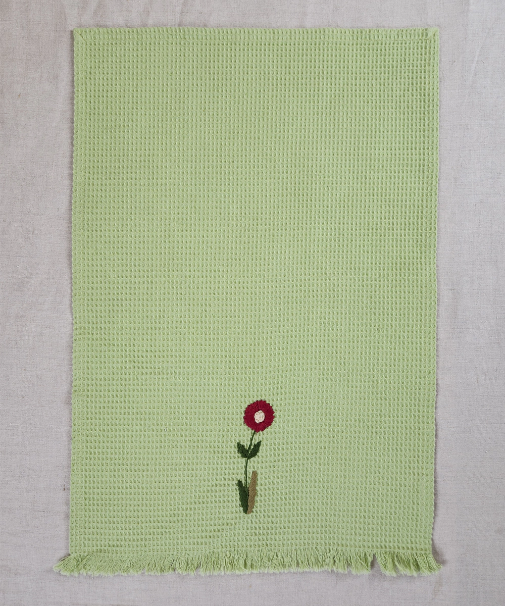 Embroidered Hand Towel - Set of 2 pcs in Soft Cotton Waffle | Sage Green