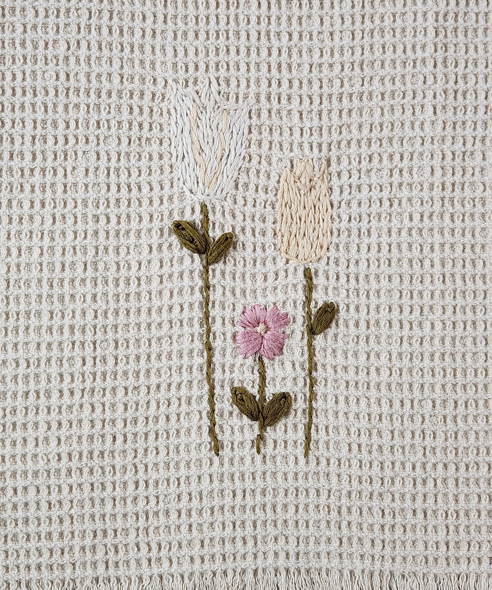 Embroidered Hand Towel - Set of 2 pcs in Soft Cotton Waffle | Beige