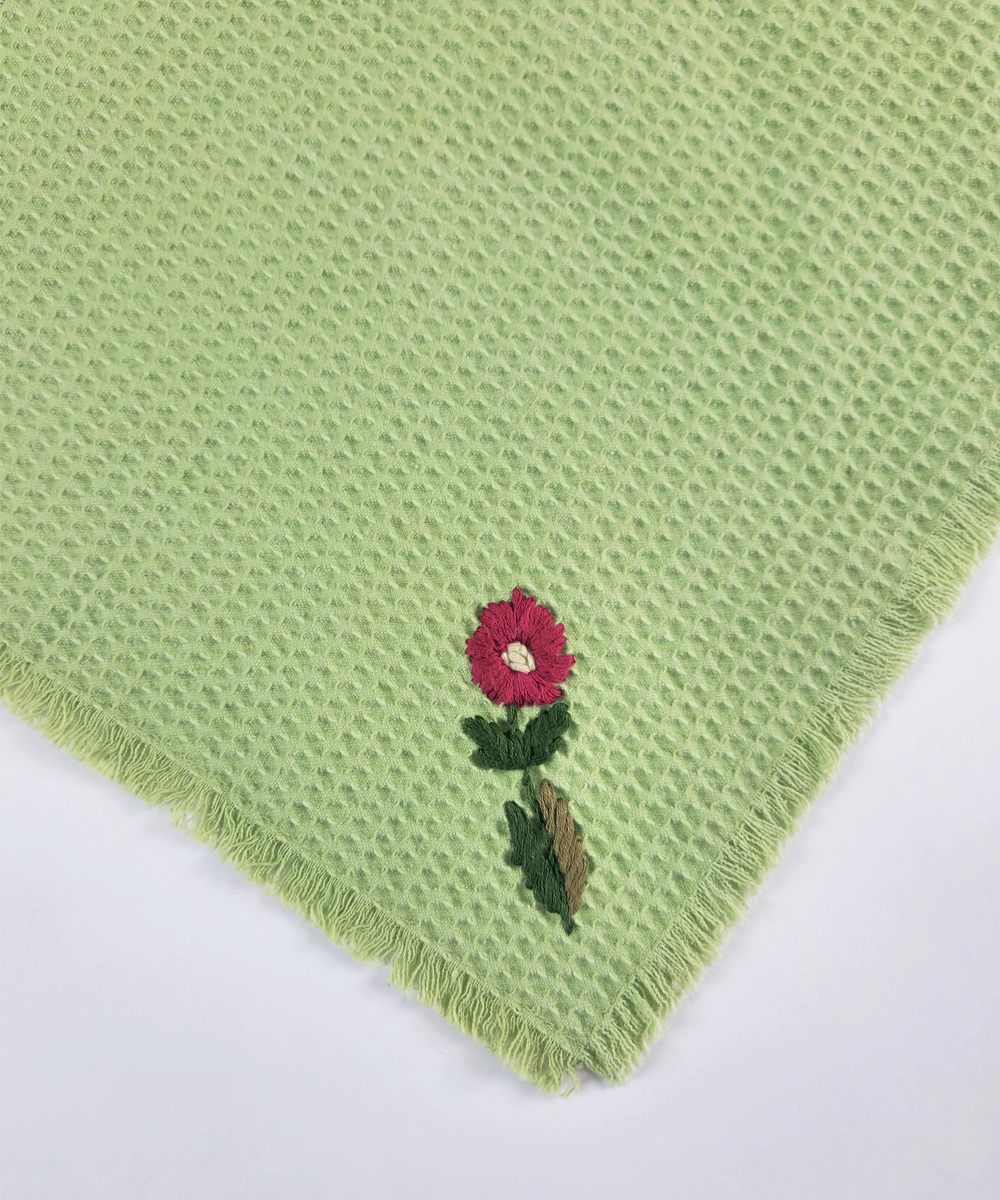 Embroidered Face Towel - Set of 4 pcs in Soft Cotton Waffle | Sage Green