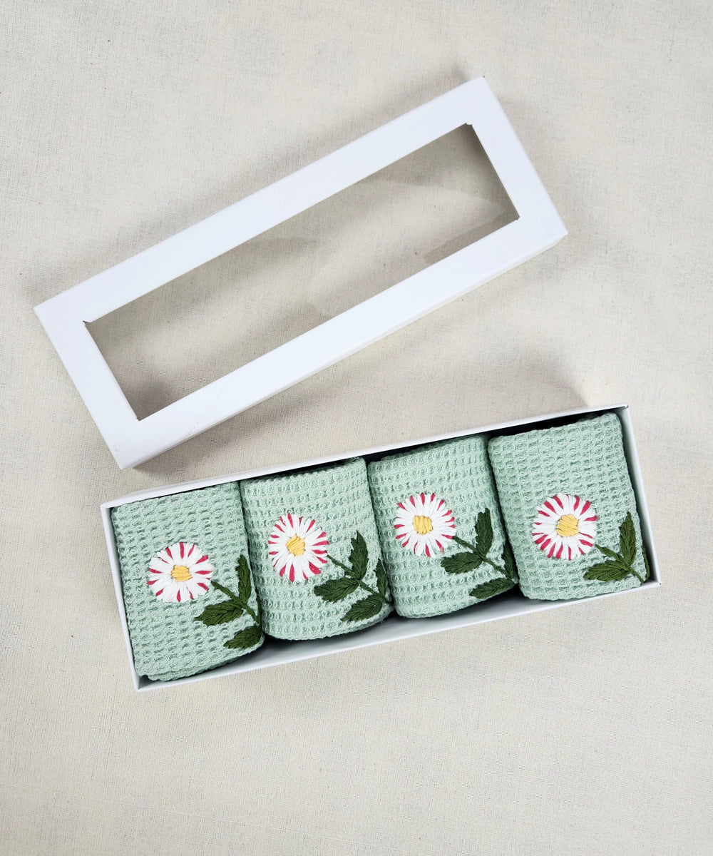 Embroidered Face Towel - Set of 4 pcs in Soft Cotton Waffle | Light Sage Green