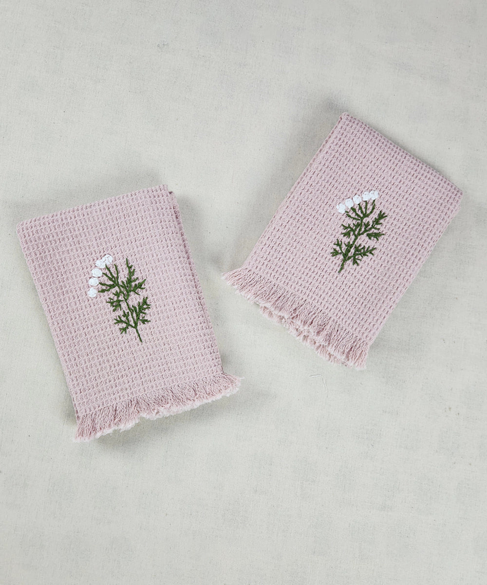 Embroidered Hand Towel - Set of 2 pcs in Cotton Waffle | Boho Bloom Dusty Pink