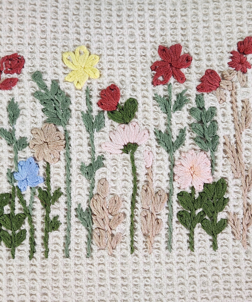 Beige Berry Bloom Hand Embroidered Cotton Waffle Pouch