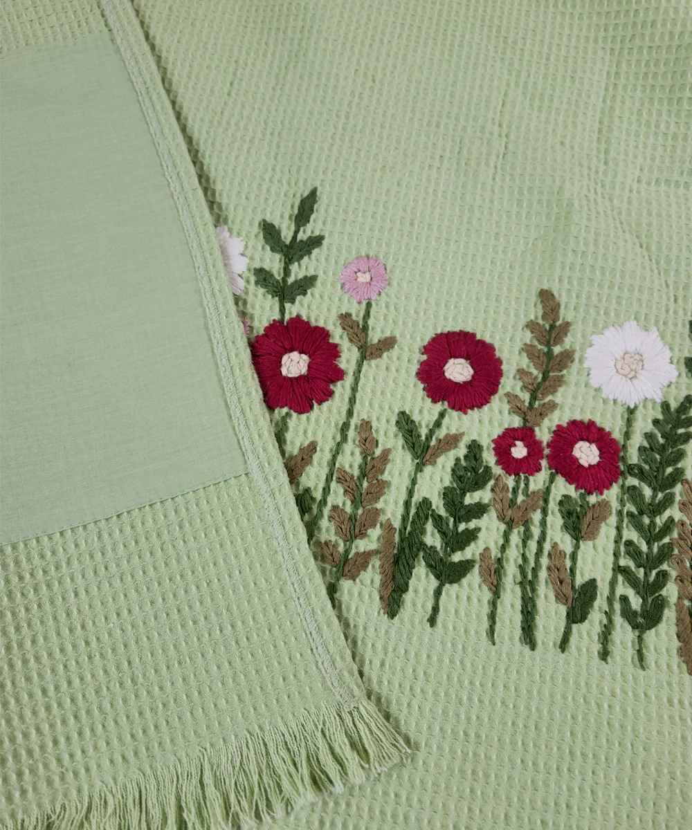 Embroidered 1 Pc Bath and 2 Pcs Hand Towel Set | Cotton Waffle Fabric | Sage Green