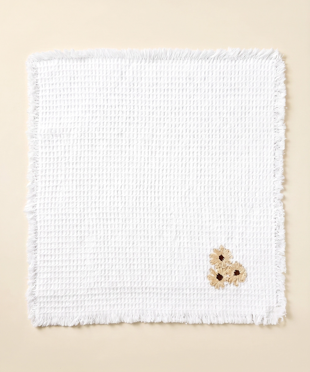 Embroidered Face Towel - Set of 4 pcs in Soft Cotton Waffle | White