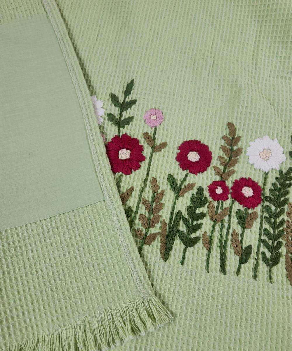 Embroidered Bath Towel | Soft Cotton Waffle | Sage Green