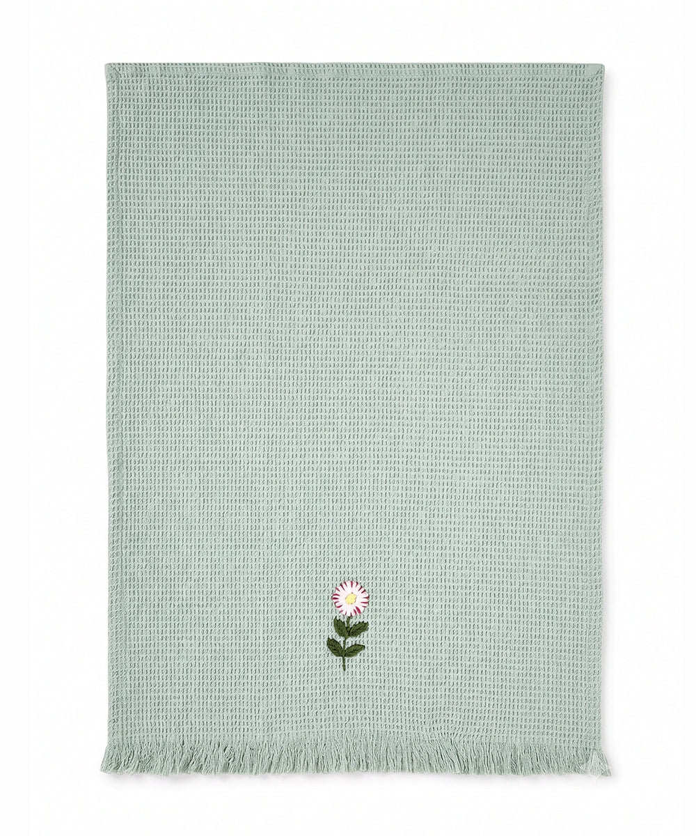 Embroidered Hand Towel - Set of 2 pcs in Soft Cotton Waffle | Light Green