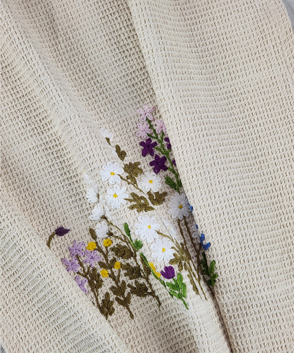Embroidered Bath Towel | Soft Cotton Waffle | Beige