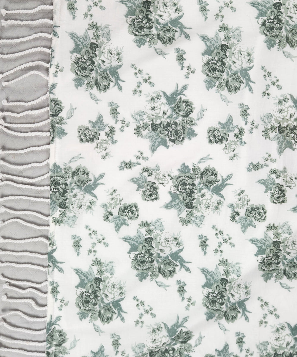 Printed 1 pc Bath + 2 pcs Hand Towel Set | Printed Cotton Front with Light Weight White Terry Back | Off White with green floral print