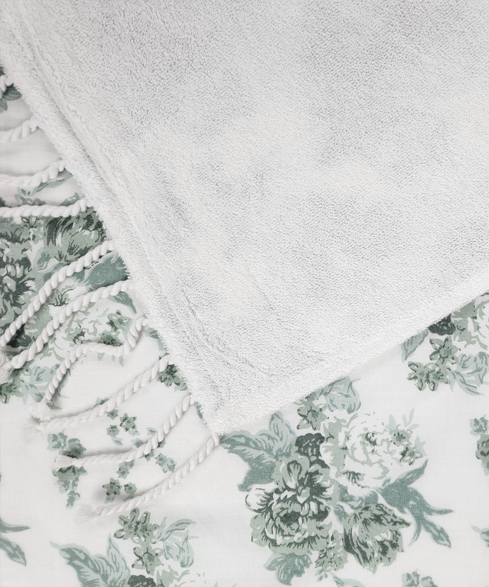 Printed 1 pc Bath + 2 pcs Hand Towel Set | Printed Cotton Front with Light Weight White Terry Back | Off White with green floral print