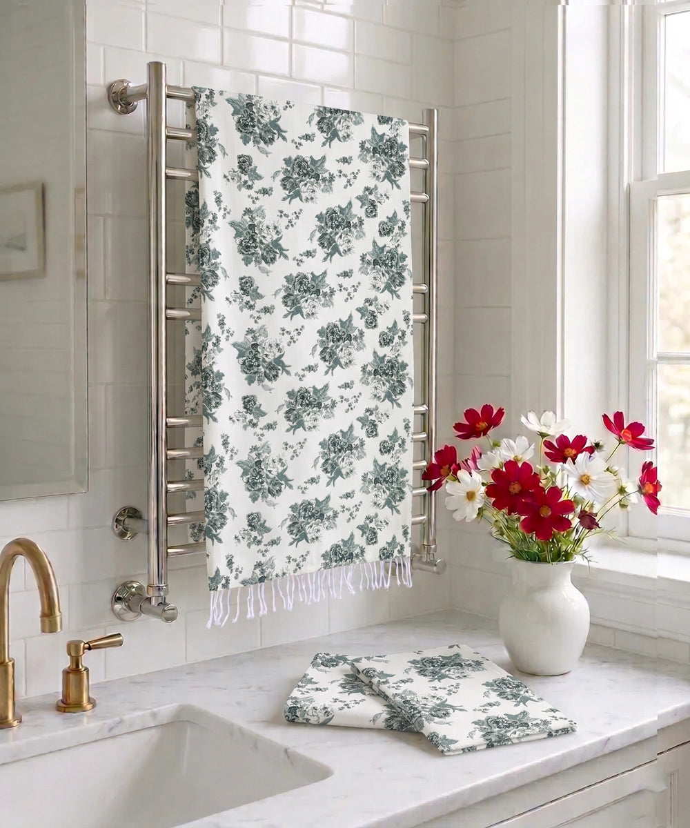 Printed 1 pc Bath + 2 pcs Hand Towel Set | Printed Cotton Front with Light Weight White Terry Back | Off White with green floral print