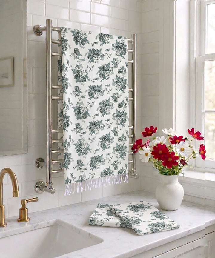 Printed 1 pc Bath + 2 pcs Hand Towel Set | Printed Cotton Front with Light Weight White Terry Back | Off White with green floral print