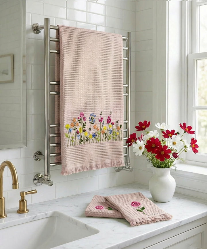 Embroidered 1 Pc Bath and 2 Pcs Hand Towel Set | Cotton Waffle Fabric | Dusty Pink
