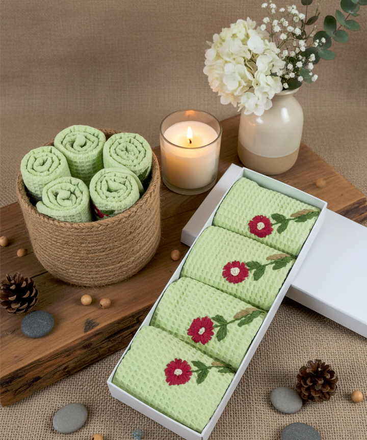 Embroidered Face Towel - Set of 4 pcs in Soft Cotton Waffle | Sage Green