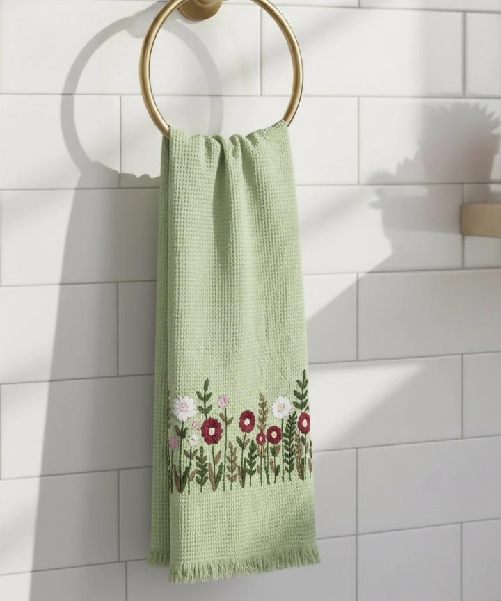 Embroidered Bath Towel | Soft Cotton Waffle | Sage Green