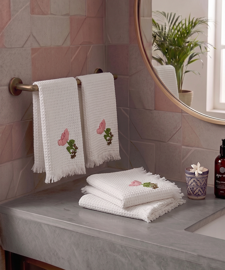 Embroidered Face Towel - Set of 4 pcs in Soft Cotton Waffle | Off White