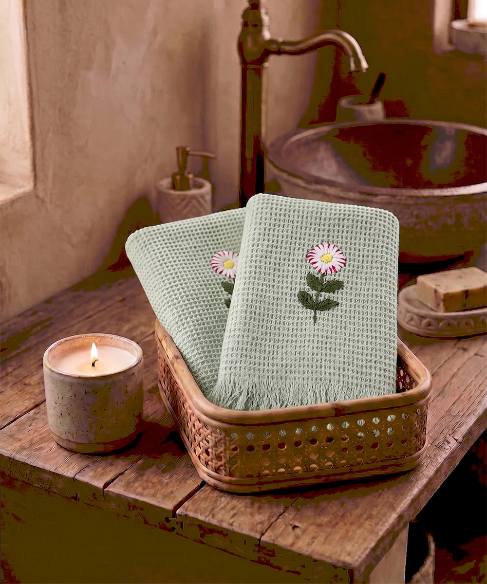 Embroidered Hand Towel - Set of 2 pcs in Soft Cotton Waffle | Light Green
