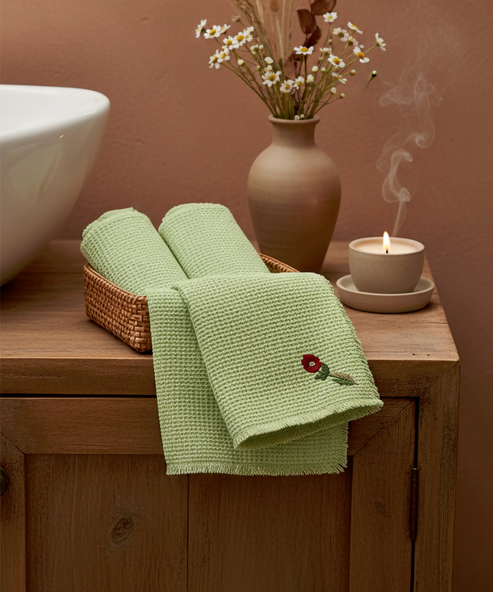 Embroidered Hand Towel - Set of 2 pcs in Soft Cotton Waffle | Sage Green