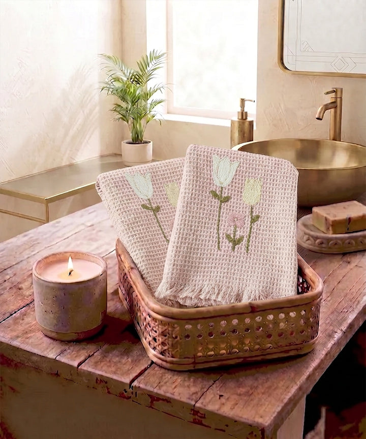Embroidered Hand Towel - Set of 2 pcs in Soft Cotton Waffle | Dusky Pink