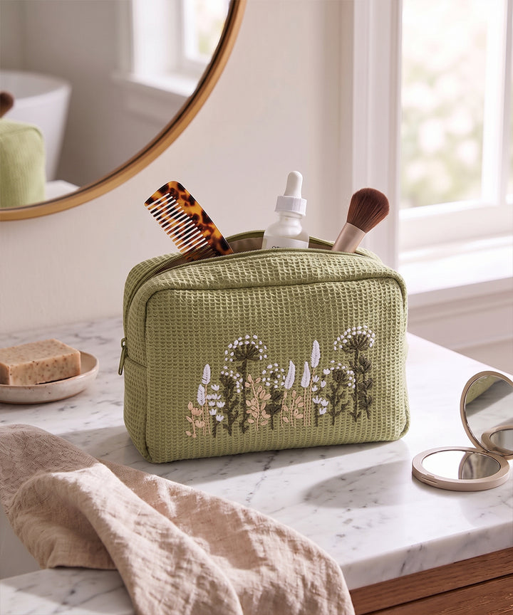 Sage Green Floral Whispers Hand Embroidered Cotton Waffle Pouch