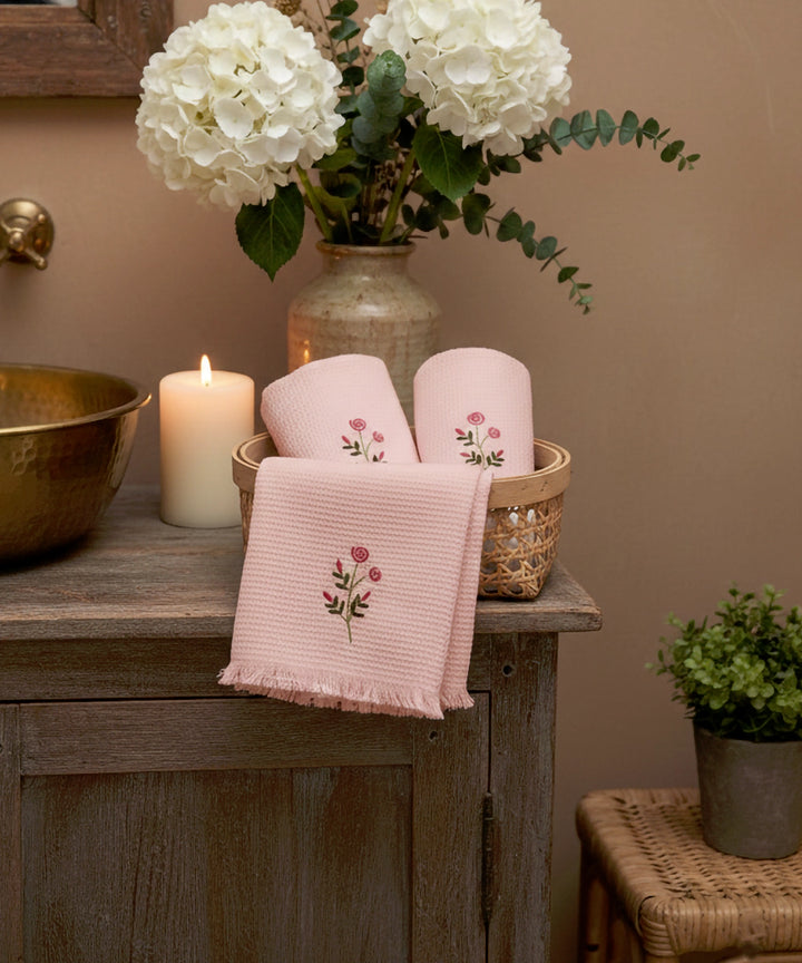 Embroidered Hand Towel - Set of 2 pcs in Soft Cotton Waffle | Dusty Pink
