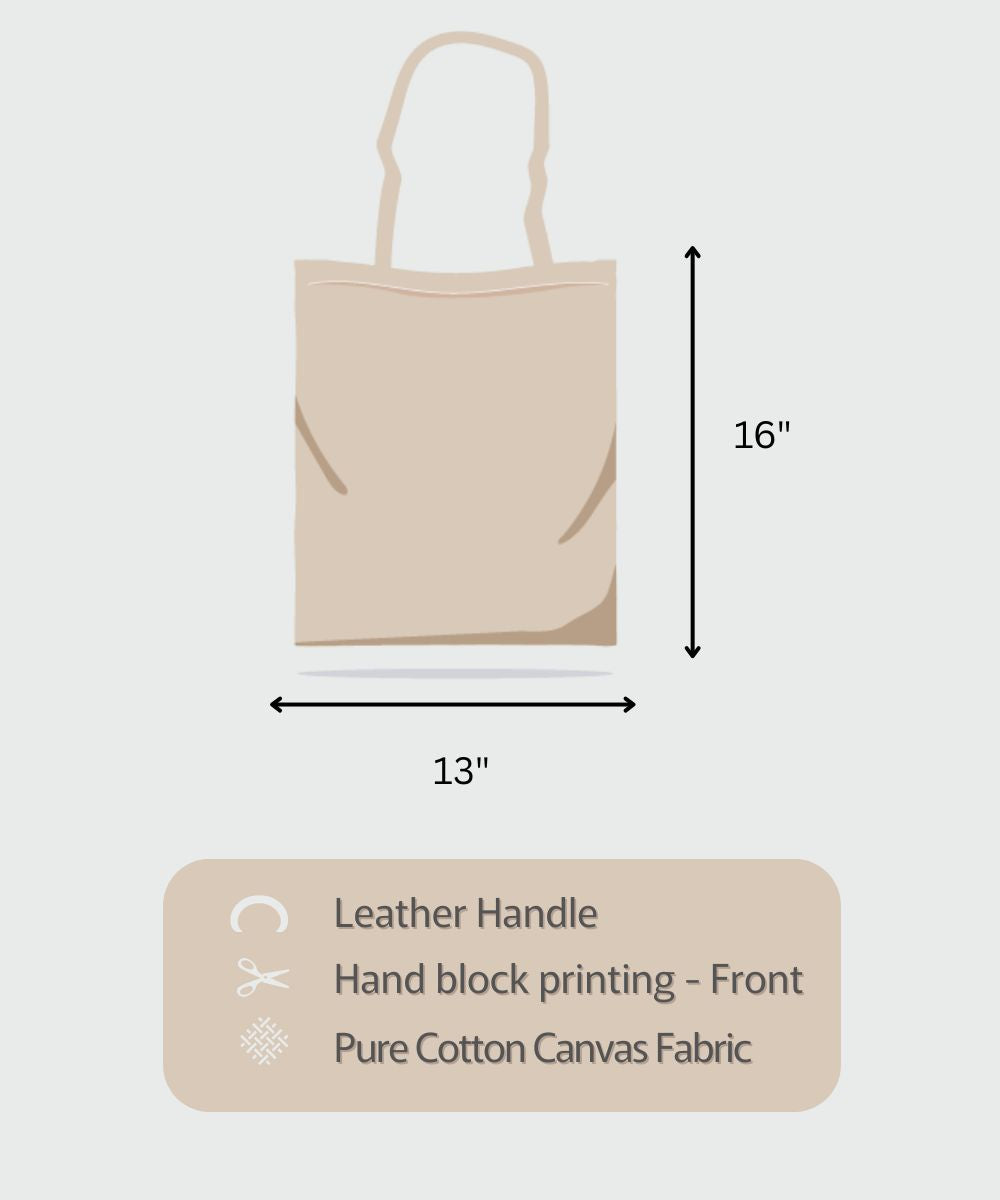 Olive with Golden & Navy Hand Block Printed Canvas Tote Bag | Leather Handle