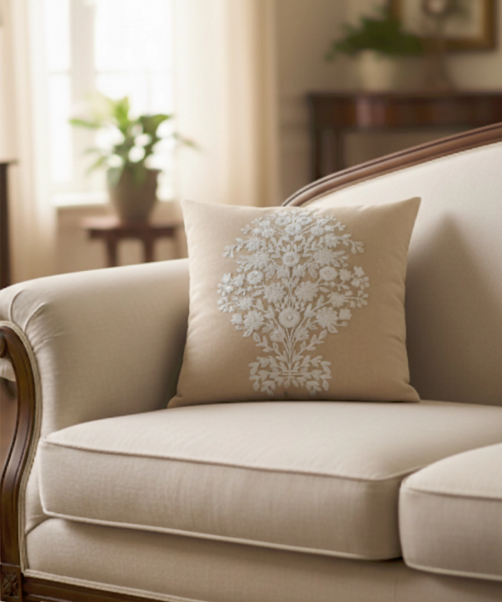 Coral Suede Ecru Dori Embroidered Cushion Cover (16x16 Inches)