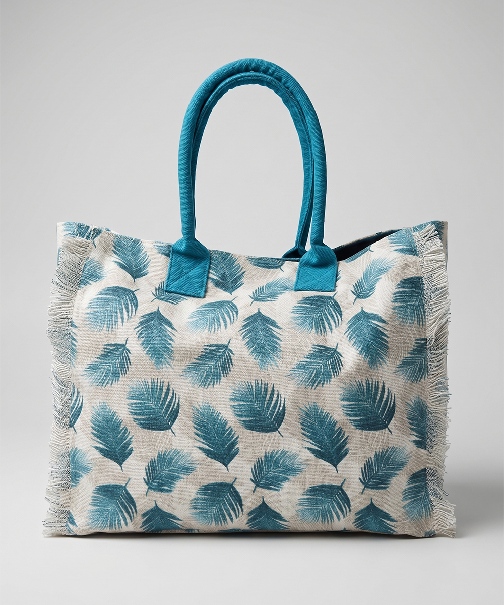 Teal Palm Leaf Woven Fringed Tote Bag