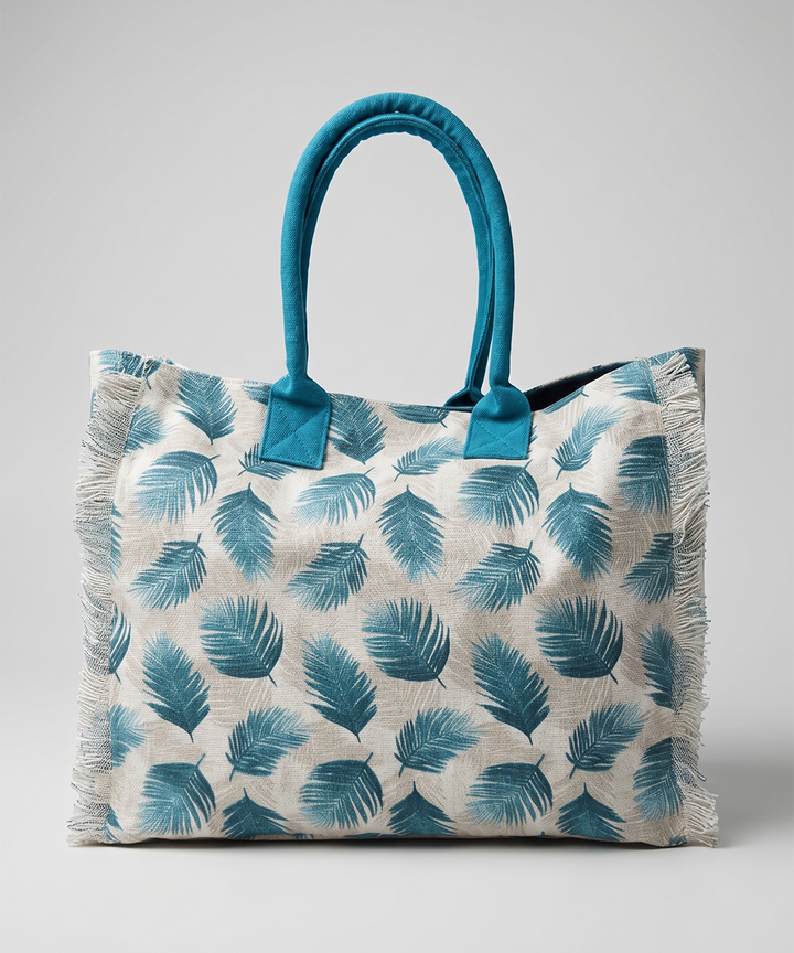 Teal Palm Leaf Woven Fringed Tote Bag