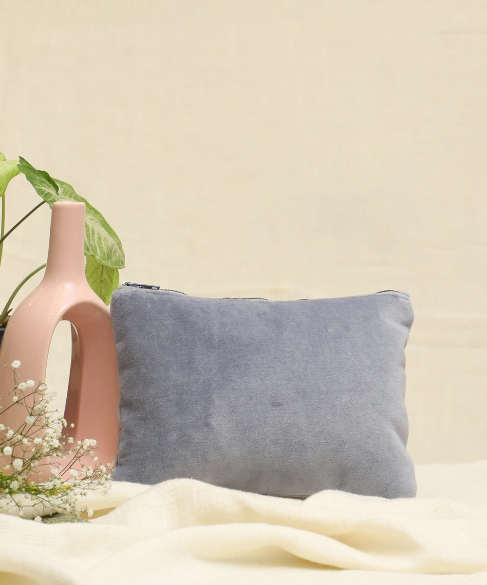 Periwinkle Blue hand embroidered Velvet Utility Pouch with Lining & Zip