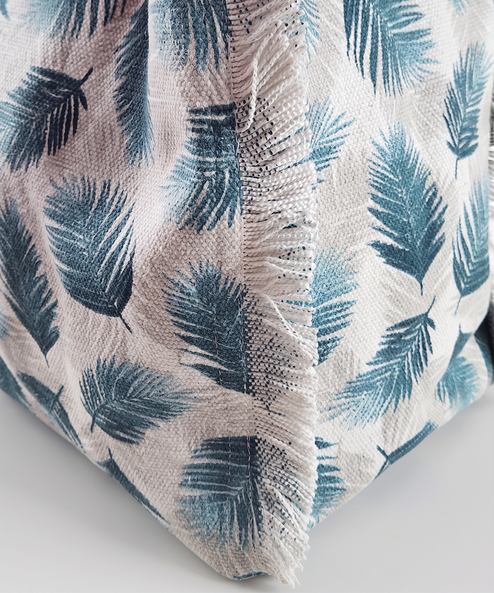 Teal Palm Leaf Woven Fringed Tote Bag
