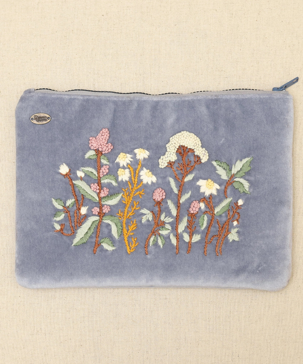 Periwinkle Blue hand embroidered Velvet Utility Pouch with Lining & Zip