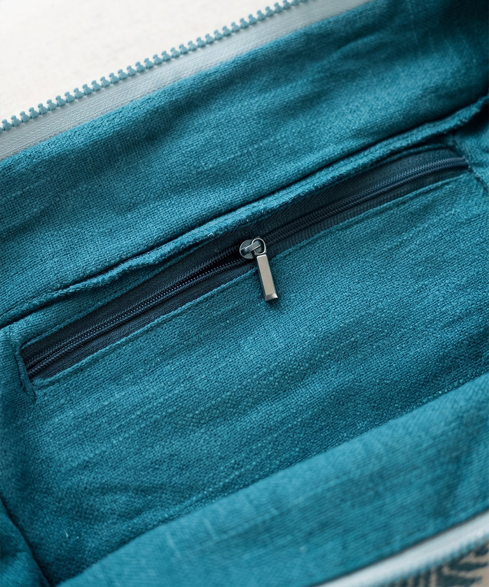 Teal Palm Leaf Woven Fringed Tote Bag