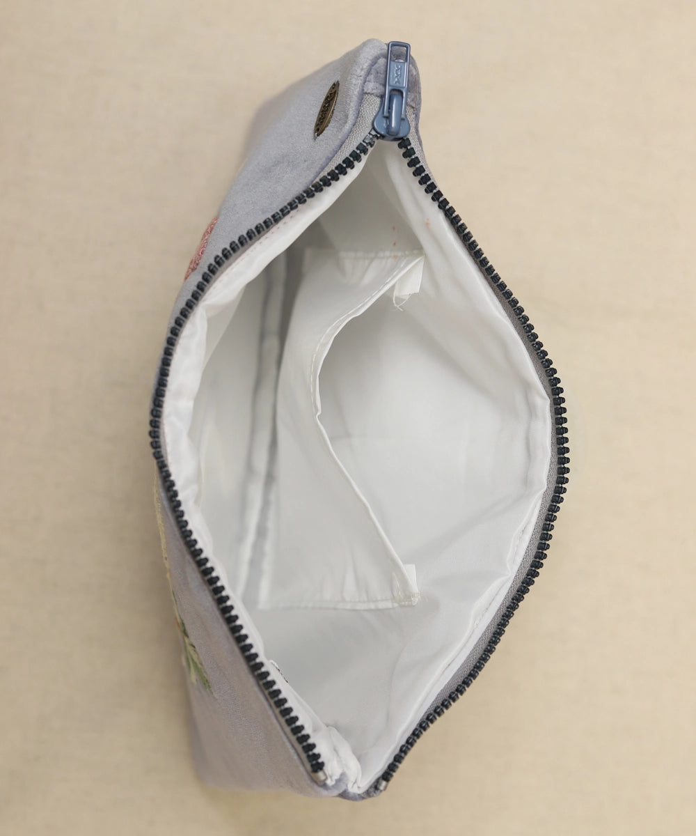 Periwinkle Blue hand embroidered Velvet Utility Pouch with Lining & Zip