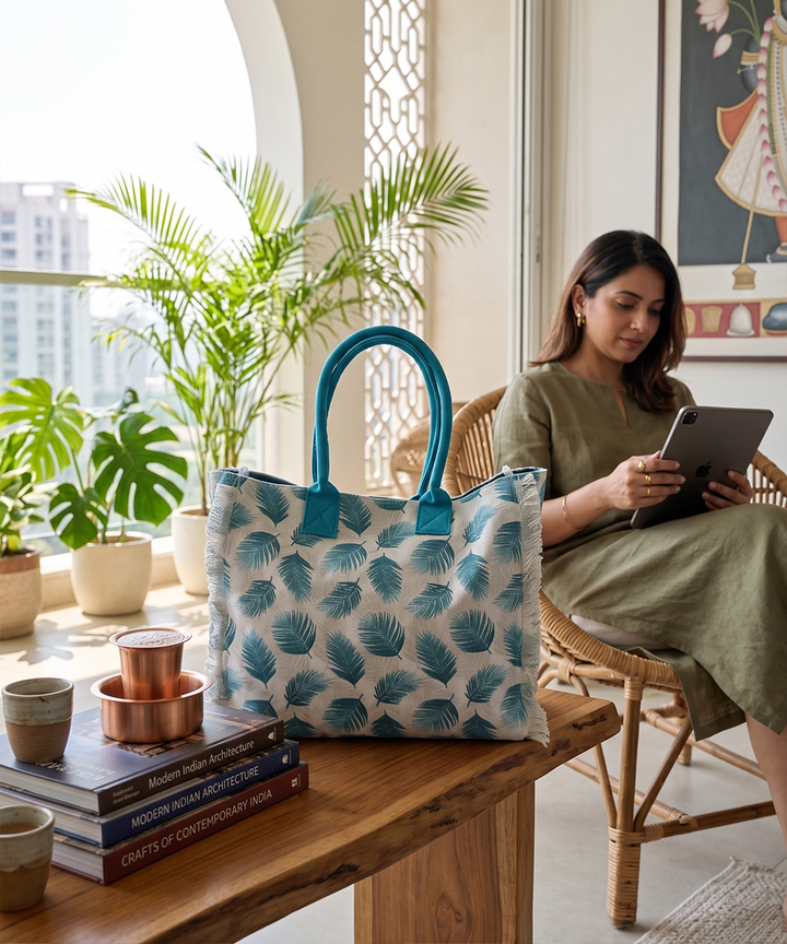 Teal Palm Leaf Woven Fringed Tote Bag