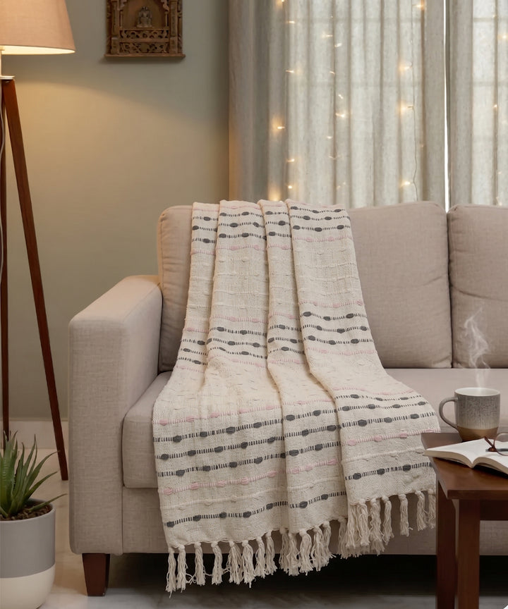 Deep Cream slub with Charcoal & Pink Horizontal Stripe Handloom Cotton Sofa Throw