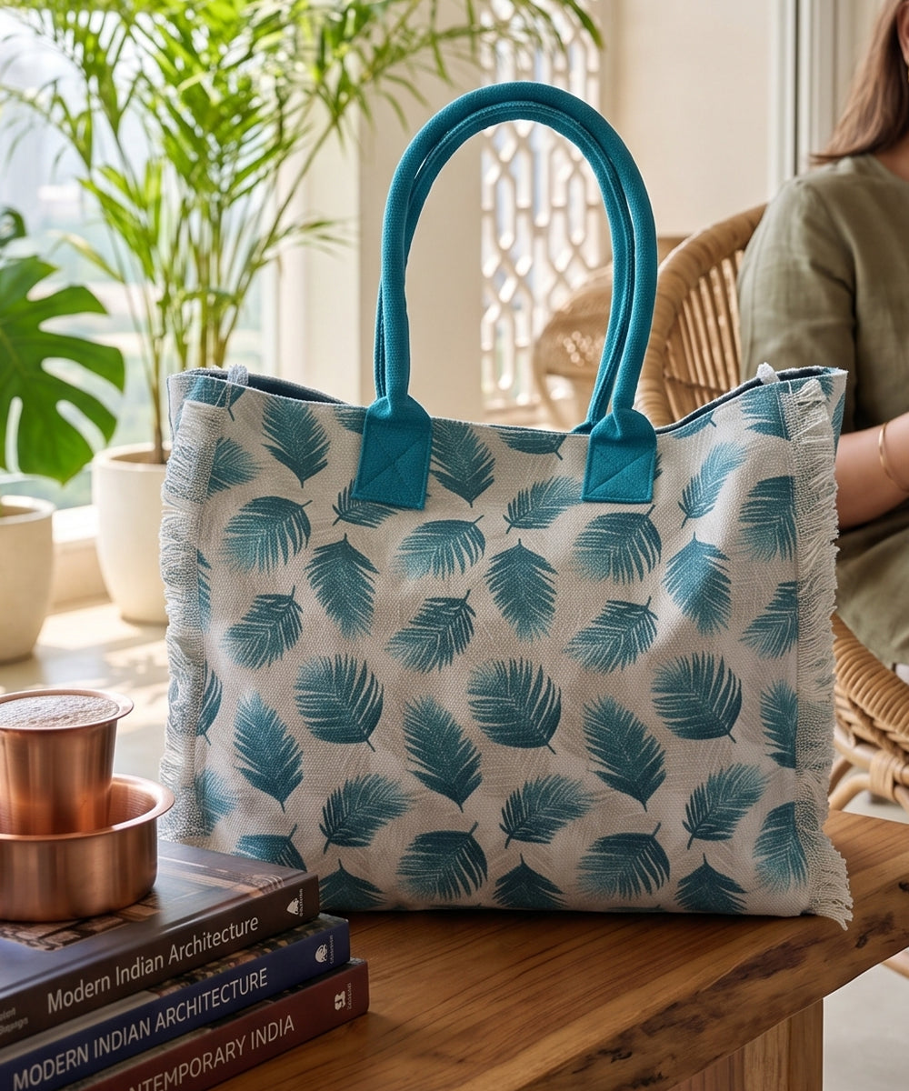 Teal Palm Leaf Woven Fringed Tote Bag