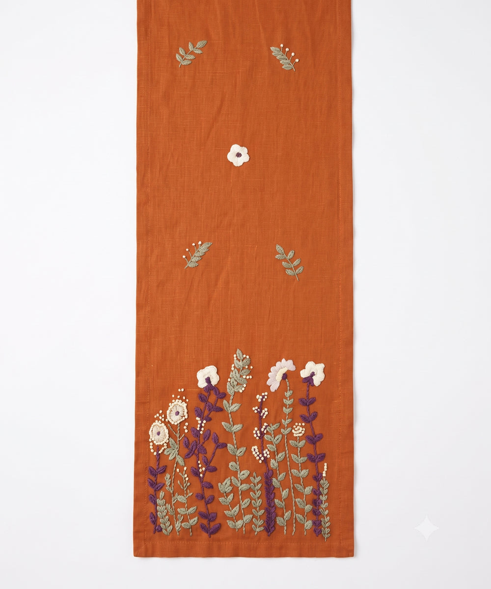 Rust Hand Embroidered Pure Linen 6 seater Table Runner