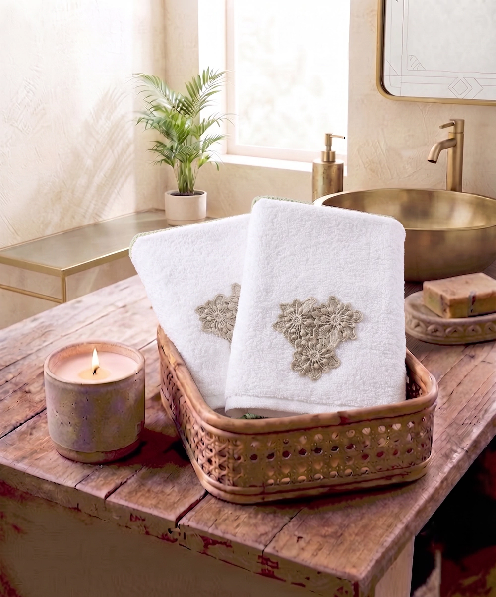 Embroidered Hand Towel - Set of 2 pcs in Soft Cotton Waffle | White