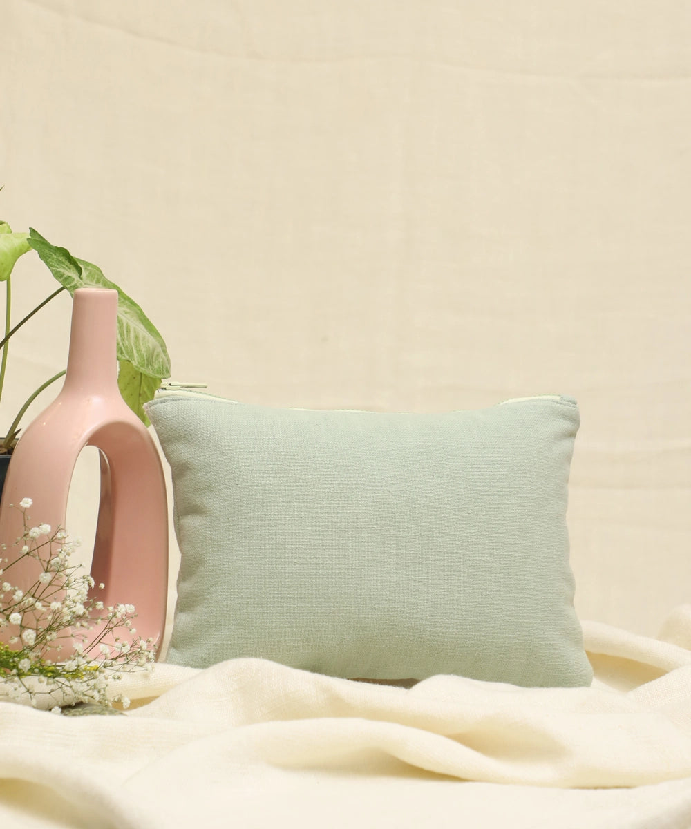 Mint Green hand embroidered  Pure Cotton Slub Utility Pouch with Lining & Zip