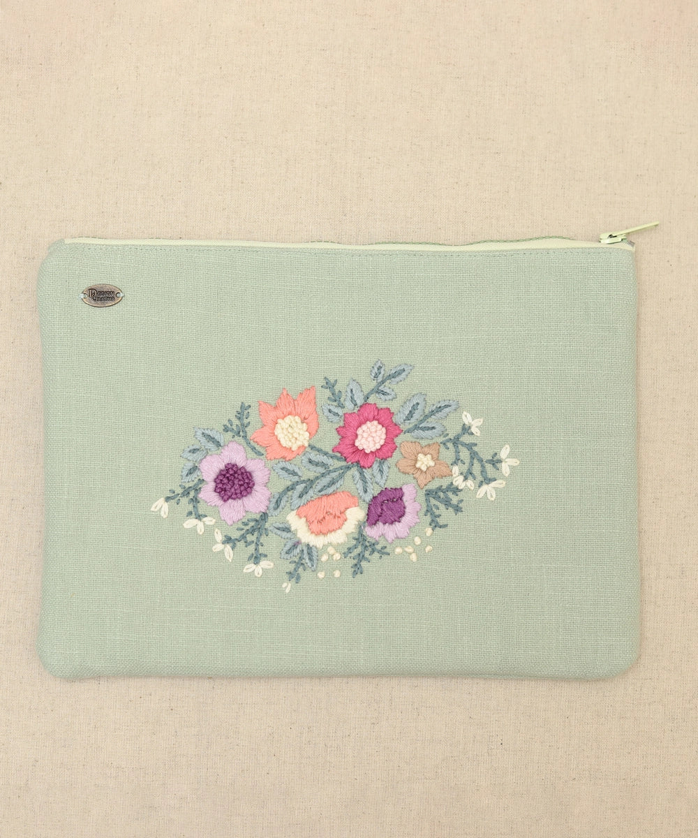 Mint Green hand embroidered  Pure Cotton Slub Utility Pouch with Lining & Zip