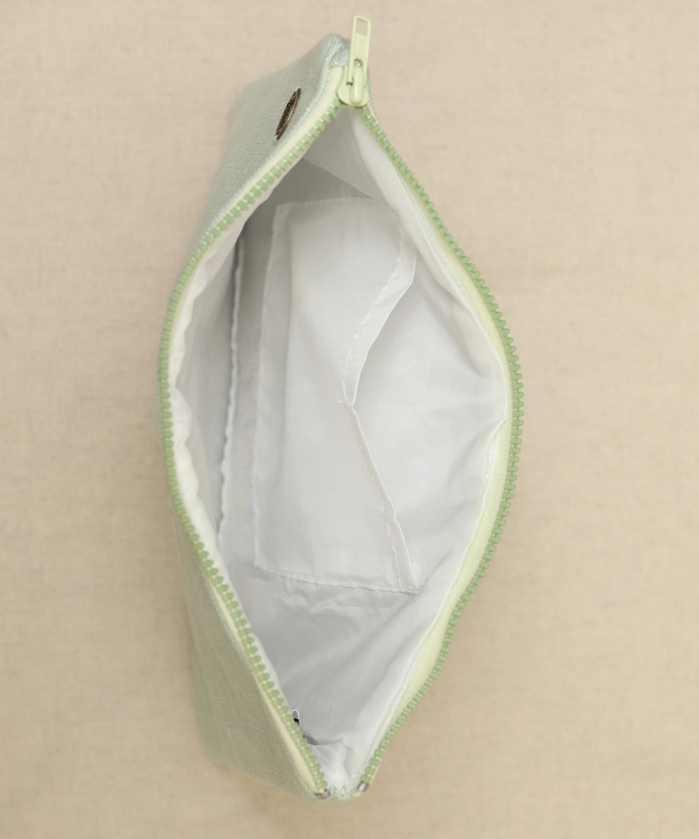 Mint Green hand embroidered  Pure Cotton Slub Utility Pouch with Lining & Zip