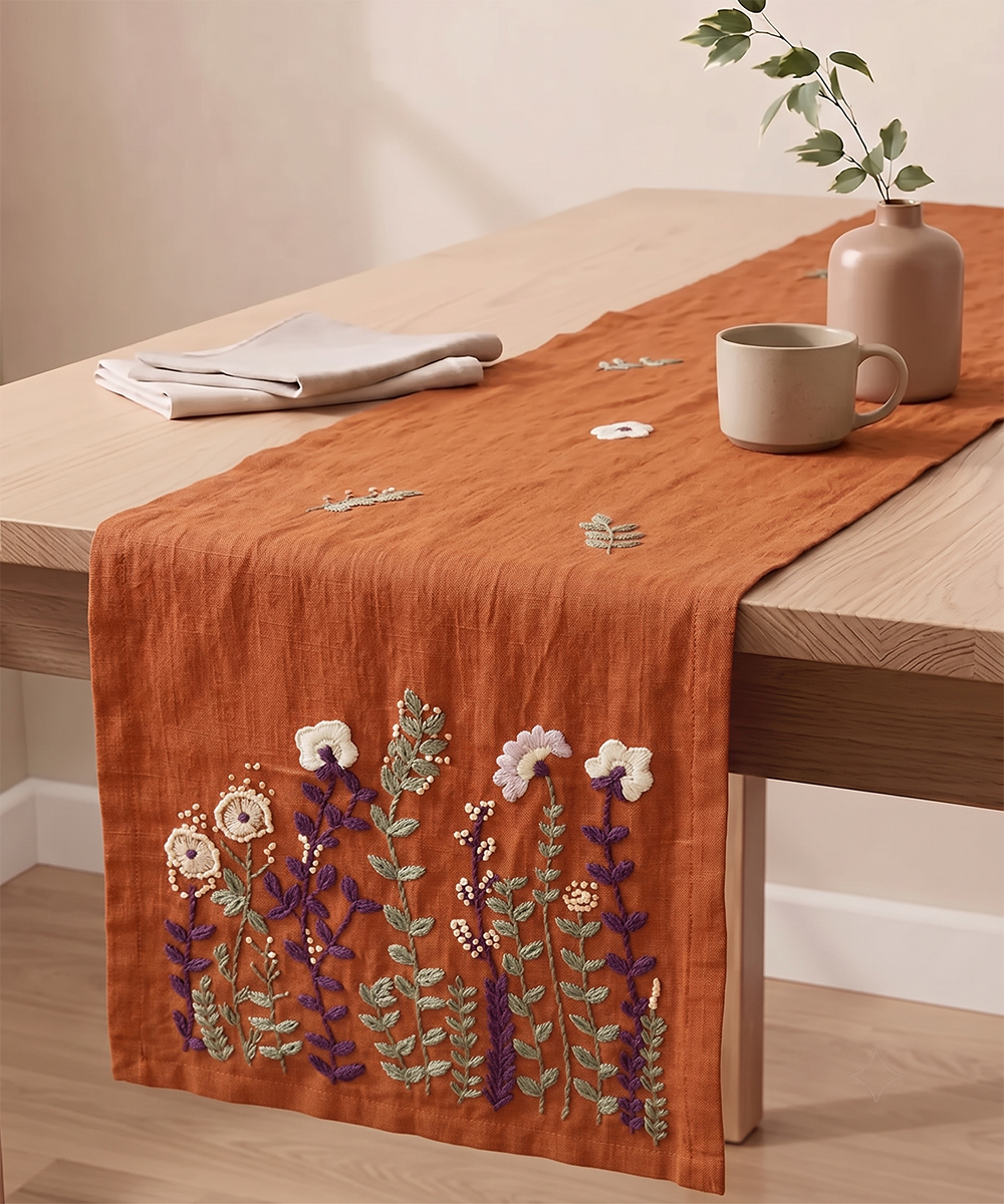 Rust Hand Embroidered Pure Linen 6 seater Table Runner