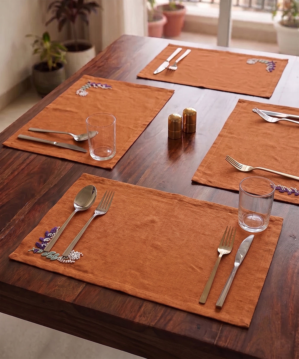 Rust Hand Embroidered Pure Linen Dining Table Mats