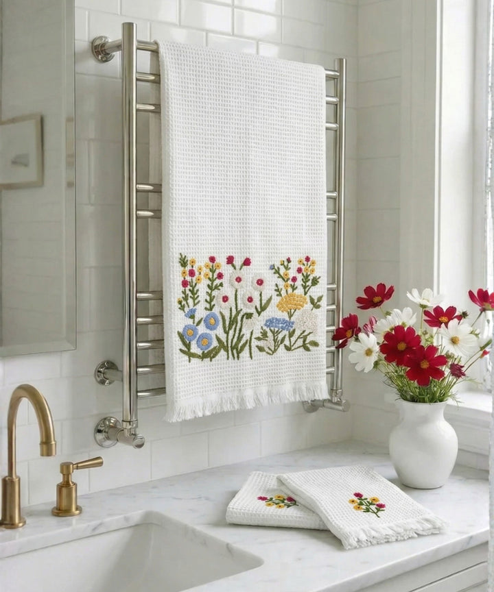 Embroidered 1 Pc Bath and 2 Pcs Hand Towel Set | Cotton Waffle Fabric | White