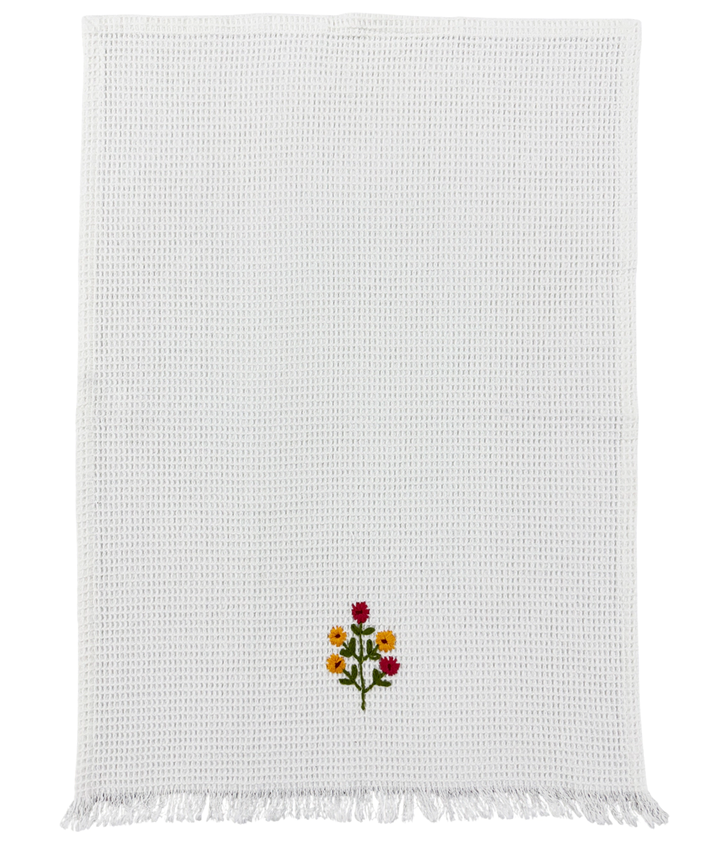 Embroidered Hand Towel - Set of 2 pcs in Soft Cotton Waffle | White