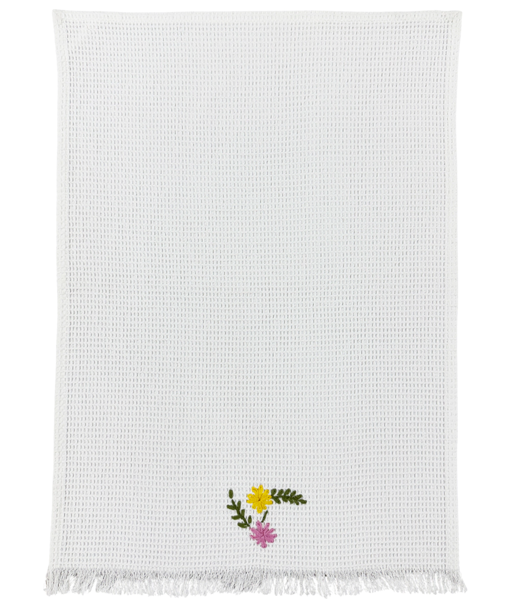 Embroidered Hand Towel - Set of 2 pcs in Soft Cotton Waffle | White