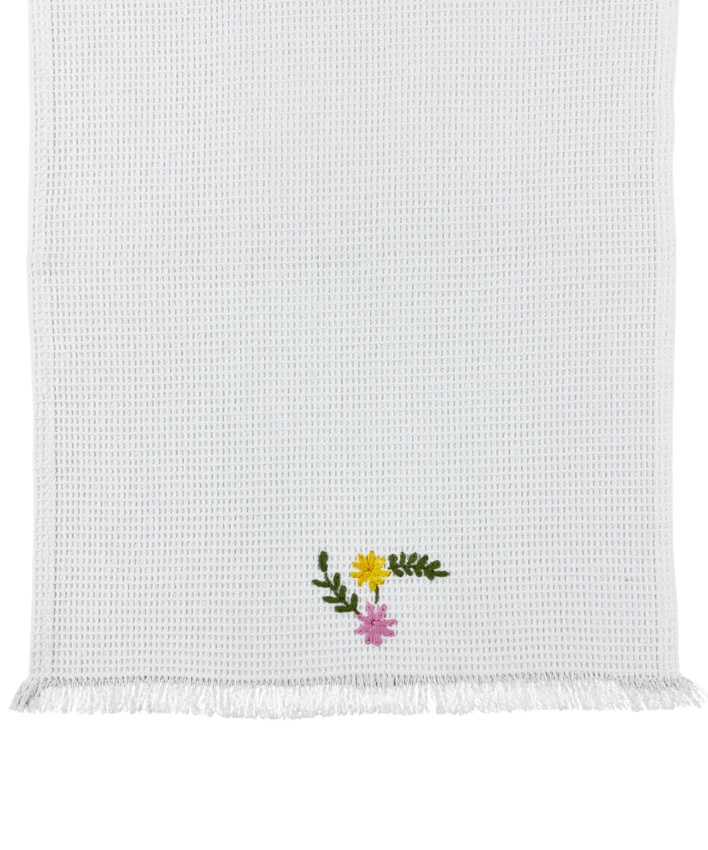 Embroidered Hand Towel - Set of 2 pcs in Soft Cotton Waffle | White