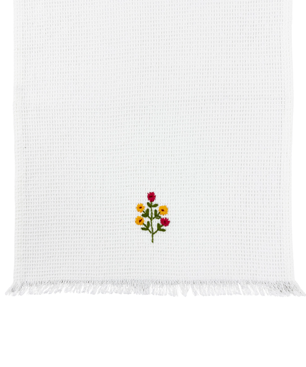 Embroidered Hand Towel - Set of 2 pcs in Soft Cotton Waffle | White